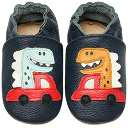 IceUnicorn Krabbelschuhe Baby Lauflernschuhe Jungen Weiche Leder Babyschuhe Kleinkind Lederschuhe mädchen Babyhausschuhe(Auto Dinosaurier, 0-6) - 1